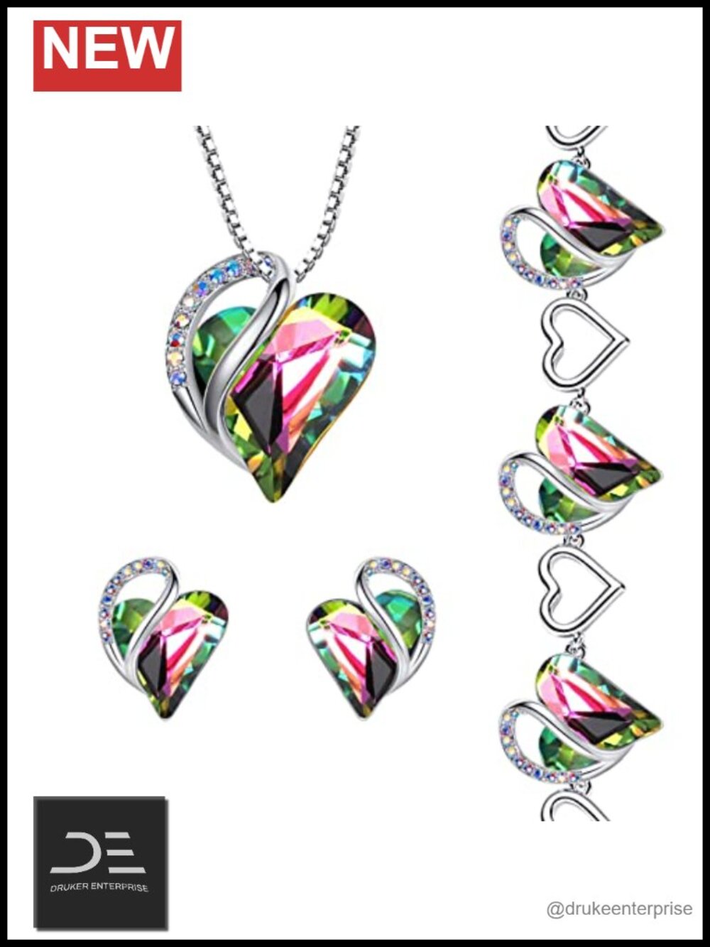 Crystal Heart Jewelry Set: Necklace, Earrings, Bracelet for Women
